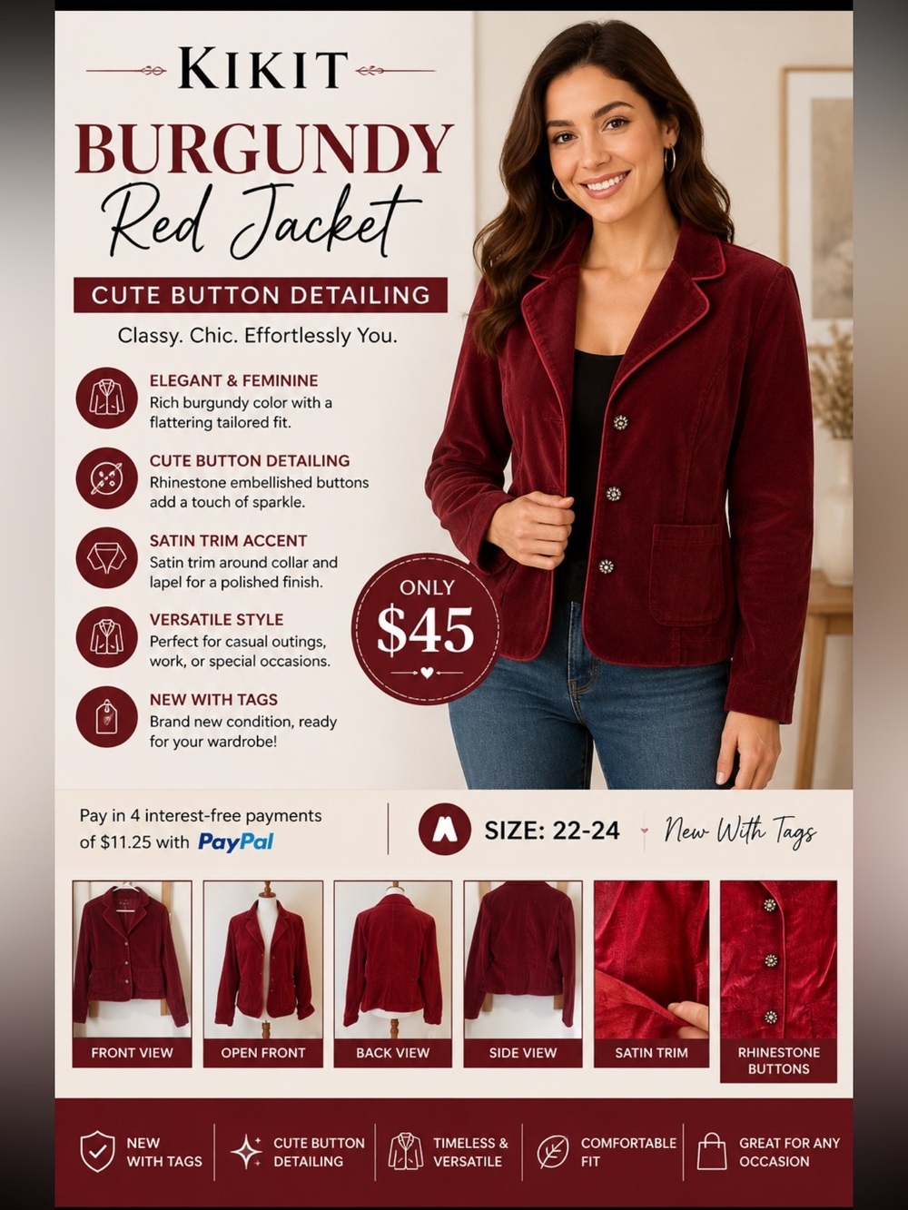 Kikit Jeans burgundy/ red jacket. Cute button detailing.